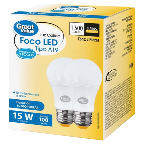 Foco Led Tipo A 15W 2 Pack Luz Cálida