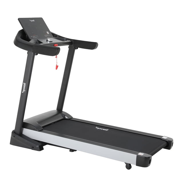 caminadora bywell 18 km/h motor 3.0 hp con bluetooth y mp3 negra, vista frontal oblicua de la cinta plegable con consola LED de 3.0" y barandales curvados; plataforma amplia con amortiguación Air Springs, clip de seguridad rojo, controles de velocidad e inclinación automática y logo BYWELL visible. Adecuada para entrenamiento en casa con programas personalizables y monitor de ritmo cardíaco; también suele usarse para sesiones de intervalos y acondicionamiento ligero.