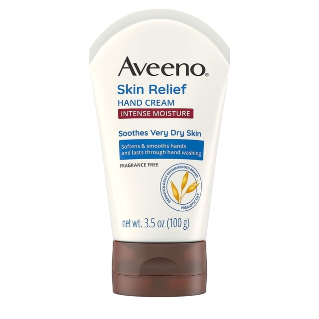 crema de manos aveeno skin relief intense moisture 100 ml tubo frontal blanco con tapa marrón y logo de avena, sin fragancia; crema para piel muy seca con avena prebiótica que suaviza, aporta hidratación intensa y dura al lavarse las manos, adecuada para piel sensible.