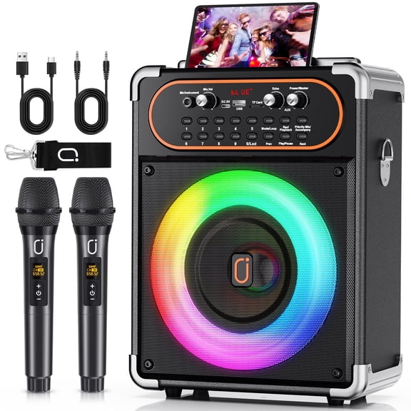 Máquina de Karaoke JYX con 2 Micrófonos Inalámbricos, Sistema PA con Luz de Discoteca LED y Correa, Altavoz Bluetooth Portátil con Grabación y  Ajuste de Reverberación, S68