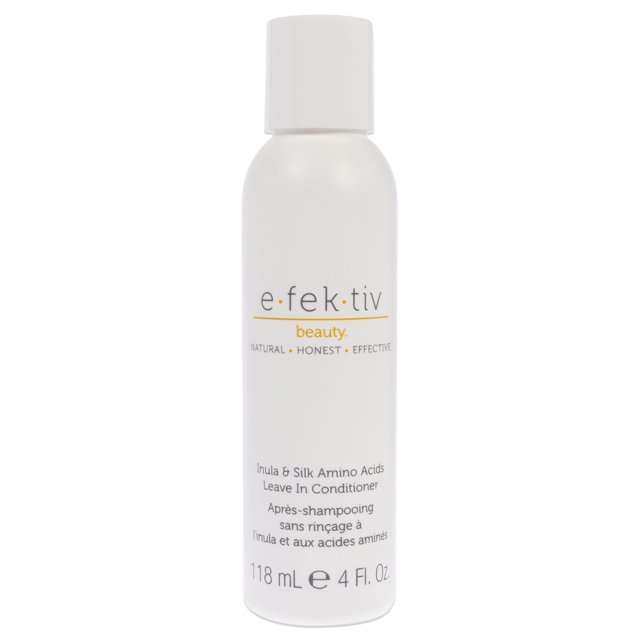 acondicionador sin enjuague e.fek.tiv 4 oz — botella blanca cilíndrica de 118 mL con tapa blanca, etiqueta central con marca e.fek.tiv beauty en gris y línea amarilla, texto impreso en inglés y francés que indica leave-in conditioner; fondo blanco minimalista; suele usarse como acondicionador sin aclarado para peinar.