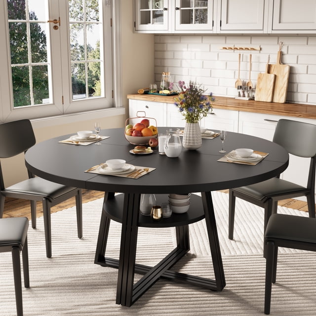 yeshouse mesa de comedor redonda de 120 cm para 4-6 personas, negro; vista frontal centrada con tablero liso y base metálica en cruz, estante inferior circular de 59 cm con vajilla visible, capacidad para 4–6 comensales, diseño rústico ideal para cocina, comedor o apartamento; suele usarse también como mesa de trabajo temporal para reuniones pequeñas.