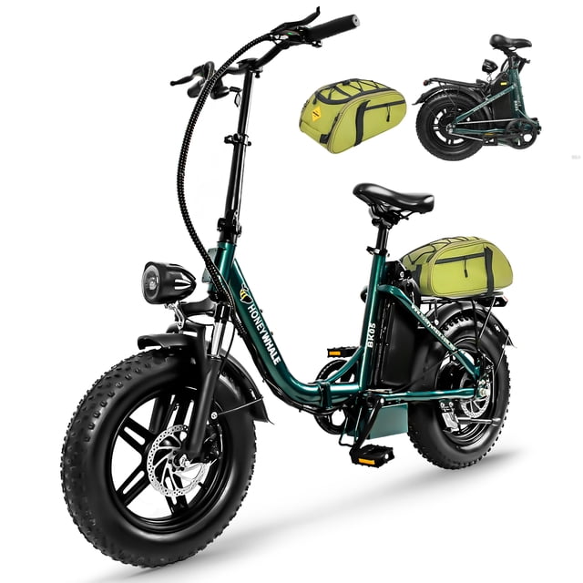 bicicleta electrica plegable honey whale bk05 verde 3/4 frontal, cuadro plegable de aluminio verde con logo HONEY WHALE, ruedas fat con neumáticos de taco y frenos de disco visibles, manubrio alto con cableado visible, faro delantero redondo y guardabarros negros; velocidad 38 km/h y autonomía 45 km; suele usarse para desplazamientos urbanos y recorridos de fin de semana.