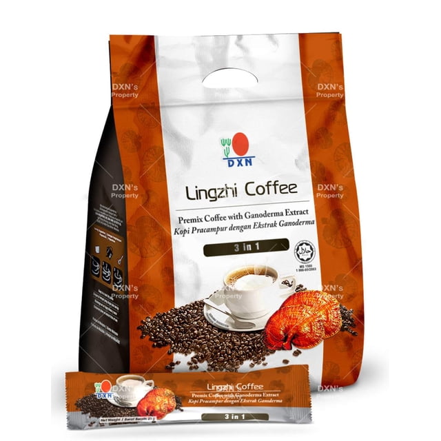 café lingzhi 3 en 1 dxn - bolsa con 20 sobres de 21g c/u -con ganodermama lucidum bolsa frontal blanca y naranja con logo DXN y texto "Lingzhi Coffee", taza de café sobre plato, granos de café esparcidos y representación del hongo Ganoderma Lucidum; sobre individual 3 en 1 frente a la bolsa; formato práctico ideal para llevar en viajes o a la oficina.