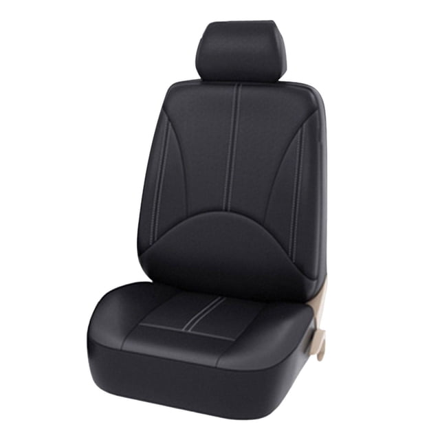 fundas de cuero pu para asiento , antideslizantes, duraderas, lujosas, clásicas, protector universal para minivan, la mayoría de los camiones, negro 2 piezas sunnimix cubierta de asiento — vista frontal centrada de funda de asiento negro en cuero PU según especificación, con reposacabezas separado, costuras verticales visibles y panel acolchado semicircular en el respaldo; superficie de grano fino, cubierta diseñada para cojín y respaldo de autos, SUV y camiones estándar; fondo blanco minimalista; adecuada también como protección adicional para viajes cortos.