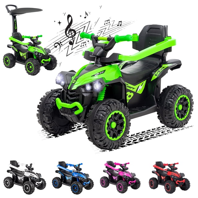 carro eléctrico con bastón montable mini infantil con luz Verde SELECTSHOP, cuatrimoto 3/4 frontal con bastón parental montable y techo parasol; asiento con barandillas de seguridad desmontables, parachoques delantero y faros LED encendidos; panel con reproductor de música, puerto USB y conexión Bluetooth según especificaciones; ruedas todoterreno y manubrio; funciona en modo manual con bastón o eléctrico con arranque y freno gradual; a menudo se usa para paseos y juegos exteriores supervisados.
