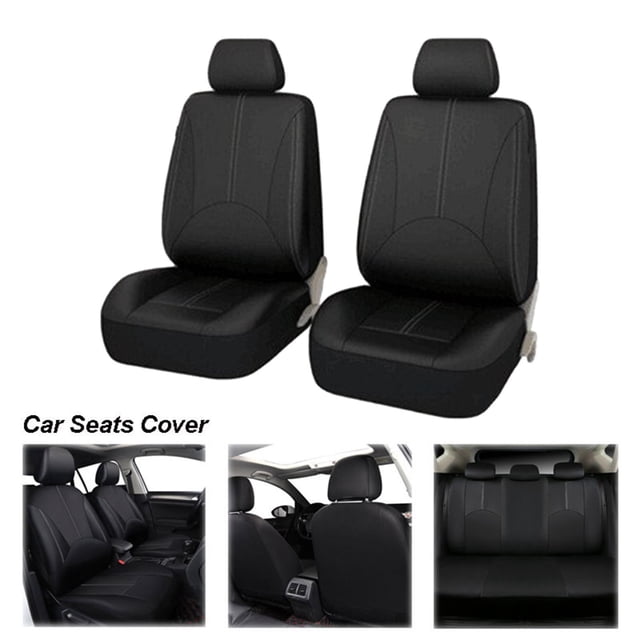 fundas de asiento de cuero pu yotijar cubierta de asiento negro 4 piezas vista frontal de dos fundas delanteras negras de cuero PU con costuras verticales y reposacabezas separados; imágenes secundarias muestran instalación en asientos delantero y trasero. Medida de la funda del asiento delantero 118 cm x 56 cm (ficha). A menudo usadas para proteger asientos al transportar mascotas.