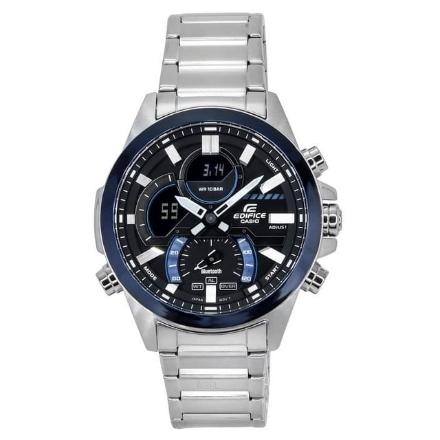 casio edifice smartphone link analog digital grey dial quartz ecb-30db-1a 100m men's watch Frente centrada de reloj Casio Edifice ECB-30DB-1A con caja y brazalete de acero inoxidable, esfera gris con acentos azul oscuro, manecillas y marcadores luminiscentes, pantallas digitales integradas, tres pulsadores laterales, bisel pulido; indica resistencia 100 m y conectividad smartphone link, adecuado para uso diario y viajeros que consultan horas de ciudades mundiales.