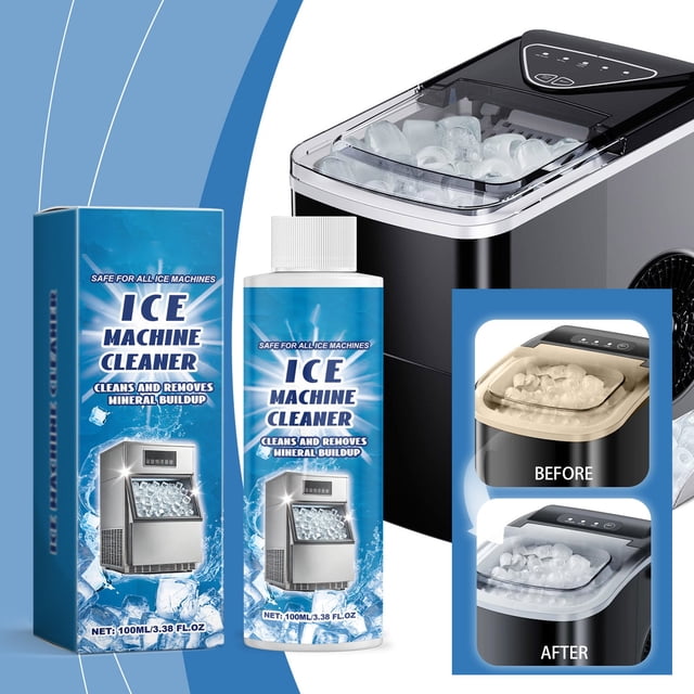 ice maker cleaner scale remover ice breaker scale ice plates cleaner 100ml botella y caja junto a una máquina de hielo; vista frontal centrada, botella blanca con etiqueta azul que muestra hielo y texto en inglés, caja azul con imagen de máquina, inserto derecho con comparación antes/después que muestra placas de hielo con menos sarro; descalcificador indicado para mantenimiento de máquinas de hielo.