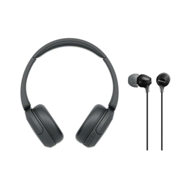 auriculares intraurales inalámbricos bluetooth sony wh-ch520 con micrófono Auriculares WH-CH520 color negro (vista frontal supraaural) junto a auriculares intraurales MDR-EX15LP negros; diadema delgada con almohadillas suaves y controles en la copa derecha visibles, cable y puntas de silicona en los in-ear, fondo blanco. Ideales para llamadas manos libres y viajes.