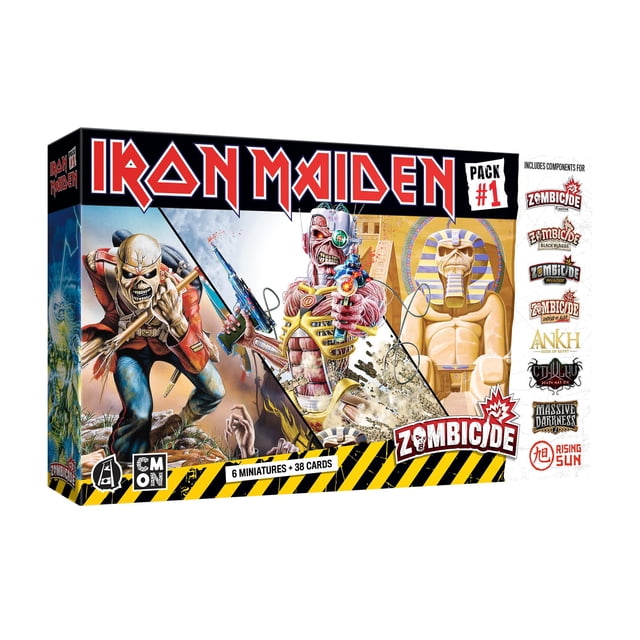 paquete de personajes zombicide iron maiden eddie cmon Caja frontal multicolor con tres miniaturas de Eddie basadas en portadas de Iron Maiden; logotipo "IRON MAIDEN" en rojo, etiqueta "Pack #1", marca CMON, franja inferior a rayas amarillas y negras y columna lateral con logos de juegos compatibles.