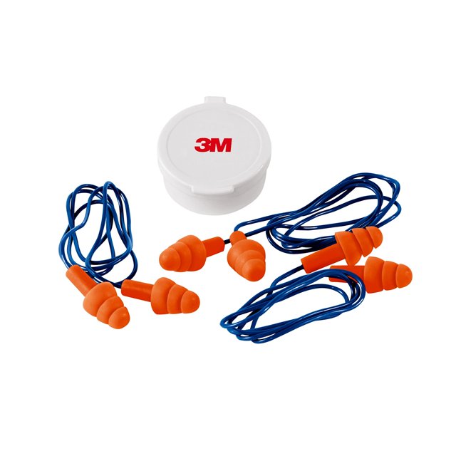 tapones para oídos 3m reutilizables con cable nrr 25 db, paquete de 3, naranja (90716h3-dc) vista frontal sobre fondo blanco; tres pares de tapones naranja de tres bridas con cables azules y estuche blanco con logo 3M. Material suave y lavable, cable adjunto para mantenerlos juntos, clasificación NRR 25 dB para protección contra ruidos nocivos; suelen usarse también para entrenamiento o trabajos ruidosos.