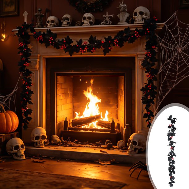 Guirnalda de hojas de arce artificiales negras con calabaza de ratán y bayas para decoración de chimenea y ventana de Halloween