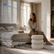 thumbnail image 2 of Taburete redondo tapizado en tela, otomano moderno, banco decorativo, beige beige Estandar, 2 of 13