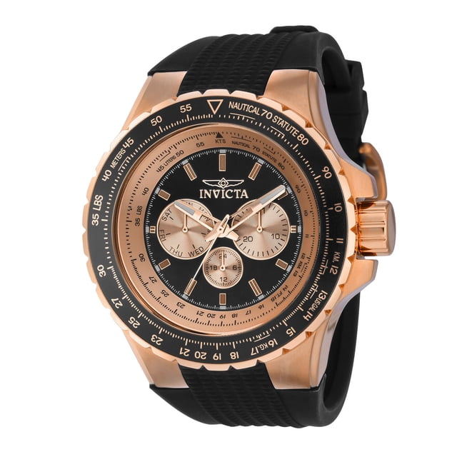 reloj invicta 39265 hombre negro reloj Invicta 3/4 frontal con caja rosada metálica, bisel giratorio negro con escala, esfera negra con tres subesferas cronógrafo rosadas, índices aplicados, agujas luminiscentes y correa texturizada de silicón negra. Su tamaño compacto lo hace adecuado también como reloj de uso diario y viaje.