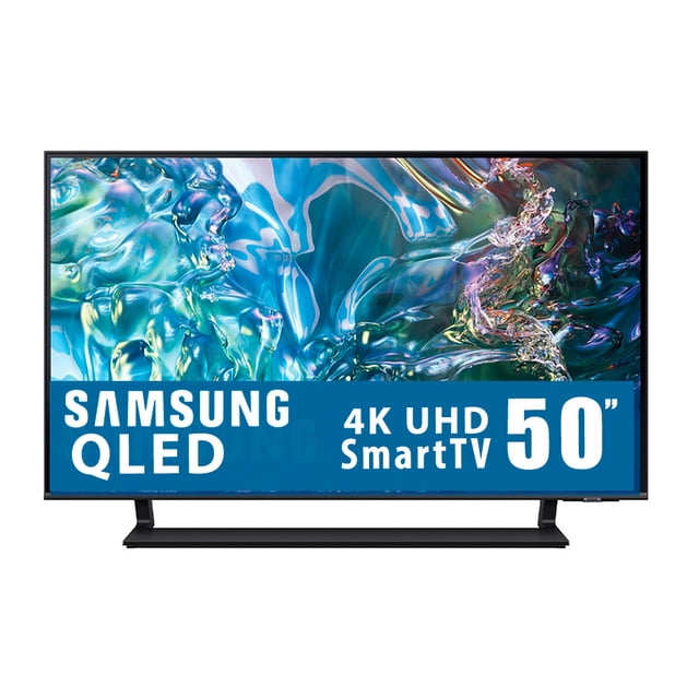 tv samsung 50 pulgadas 4k ultra hd smart tv qled qn50q65dafxzx frontal, pantalla AirSlim delgada en Titan Gray con base central tipo peana y bisel negro fino; en la pantalla se lee 'SAMSUNG QLED 4K UHD SmartTV 50"'. Detalles verificables: QLED con Quantum Dot y 4K, sistema Samsung Tizen OS; adecuada para colocarse en mueble o montarse en soporte de pared.