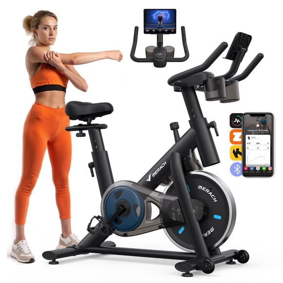 MERACH Bicicleta Fija para Casa, Bicicleta Spinning con App Gratuita, Transmisión por Correa Silenciosa, Volante de 35 lb, Asiento Cómodo, Soporta hasta 137kg
