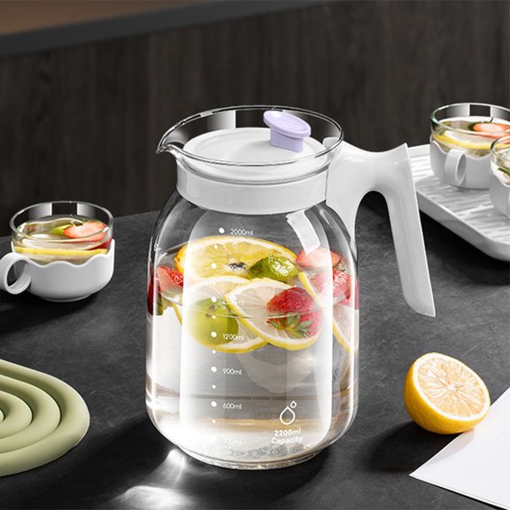 Jarra de vidrio para agua fría con tapa - 2,2L de gran capacidad, vidrio de alto borosilicato, boca ancha para fruta y hielo - rosa, verde o caqui