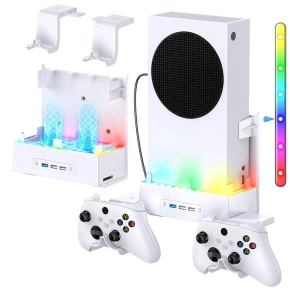 Soporte de pared para Xbox Series S con sistema de refrigeración por ventilador, 3 niveles de velocidad ajustables, tira de luces RGB, 3 puertos USB adicionales y 2 ganchos para mandos