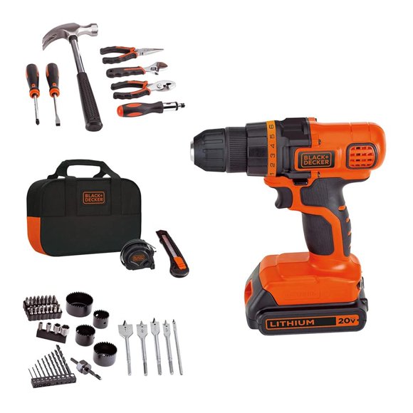 Black + Decker 20V MAX Taladro y kit de herramientas para el hogar, 68 Piezas (LDX120PK), Negro/Nara
