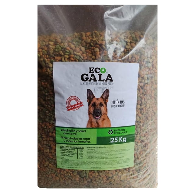 croquetas eco gala 5 para perro de 25 kg bolsa transparente con alimento seco sabor a pollo, etiqueta blanca y verde frontal con logotipo ECO GALA, foto de un pastor alemán y marcado '25 Kg', texto impreso sobre nutrición visible; paquete también es usado a menudo para abastecer comederos en refugios o eventos de adiestramiento.