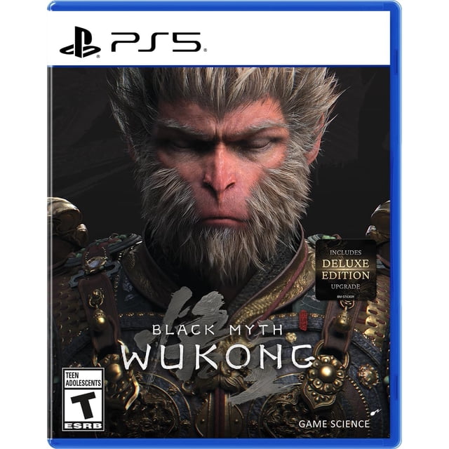 black myth wukong ps5 portada frontal con primer plano de Wukong serio, pelaje marrón claro y rasgos simiescos; viste armadura ornamentada con placas metálicas y gemas, etiqueta que indica "Includes Deluxe Edition Upgrade", marco azul de PS5 y logotipos visibles.
