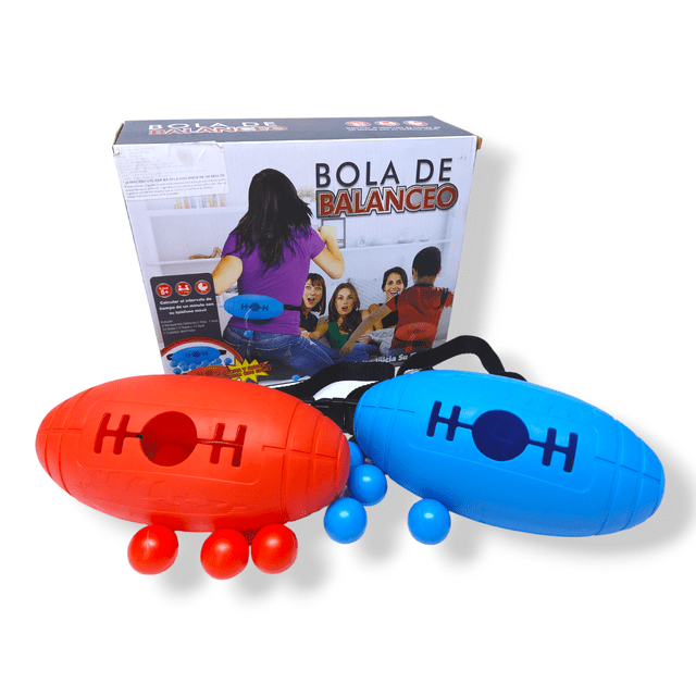 juego creativo familiar bola de balanceo juego de exterior con dos contenedores tipo balón (rojo y azul) con correas para cintura y seis pelotas móviles; vista frontal 3/4 sobre fondo blanco con caja del producto al fondo; diseñado para sacar pelotas saltando en equipo, también suele usarse como actividad de coordinación en fiestas infantiles.