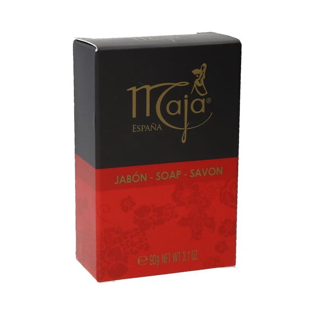 jabon maja 90g barra de jabón Maja España 90 g, empaque rectangular vertical negro y rojo con logo dorado "Maja" en la parte superior, franja roja central con texto "JABÓN - SOAP - SAVON" y patrón floral en la sección roja inferior, vista 3/4 frontal sobre fondo blanco; apto para higiene personal y uso como jabón de tocador.