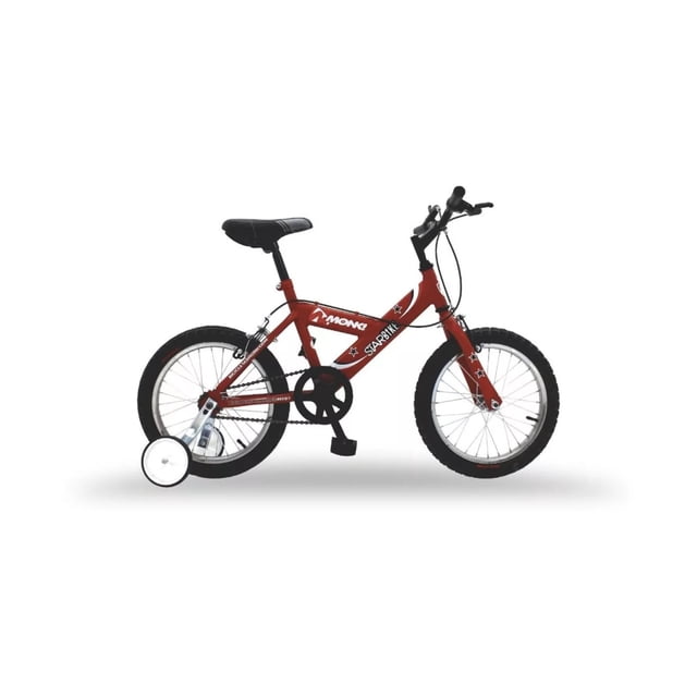 bicicleta infantil monk r16 rojo bicicleta infantil Monk R16 rodada 16, vista lateral centrada con marco de acero rojo y logo Monk, sillín ajustable, manubrio recto, frenos V-brake delantero y trasero visibles, cadena con cubierta parcial y ruedas de entrenamiento instaladas sobre fondo blanco; a menudo usada para practicar equilibrio al aprender a pedalear.