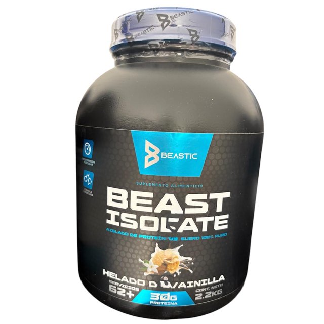 proteína isolada beastic beast isolate – helado de vainilla 2.2kg | 30g por porción Frasco frontal negro de 2.2 kg con etiqueta azul y gris y logo Beastic; texto visible 'BEAST ISOLATE', 'Helado de Vainilla', '30 g proteína' y '62+ servicios'; tapa sellada con precinto. Suplemento proteico en polvo para mezclar en agua o bebida de elección, recomendado para mayores de 18 años.