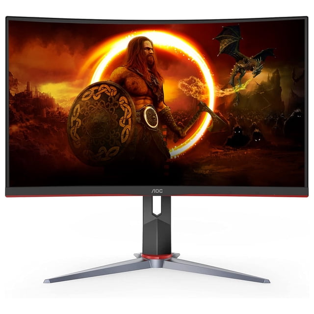 monitor gamer curvo aoc 23.8 1ms 165hz full hd va wled hdmi freesync, vista frontal centrada de un monitor curvo negro de 23.8" 1920x1080 con borde estrecho y logo AOC en el bisel inferior; soporte central en V con acento rojo, pantalla muestra escena de videojuego; MPRT 1 ms y FreeSync Premium para juego a 165 Hz, a menudo usado en configuraciones de múltiples monitores para estaciones de trabajo gaming.