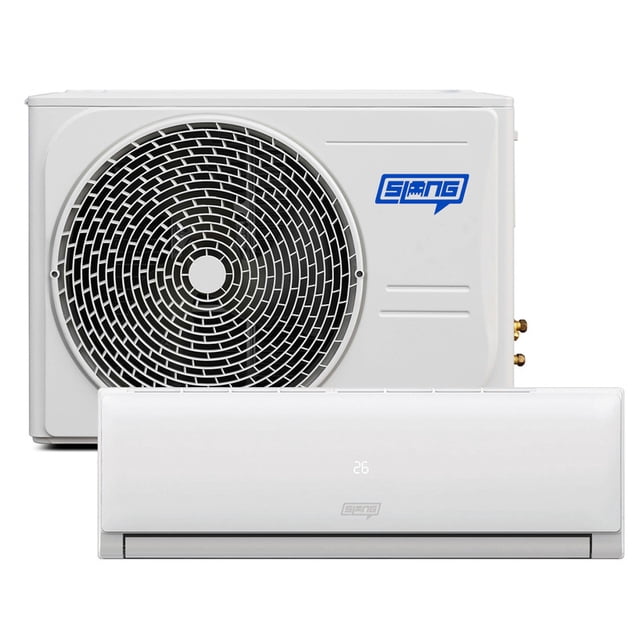 aire acondicionado minisplit slang aire solo frío 1 tonelada (12,000 btu's) 220v Equipo blanco con unidad interior mural de perfil bajo con display digital y unidad exterior rectangular con ventilador frontal y logo Slang en azul; ideal para enfriar habitaciones o estudios pequeños y a menudo usado para climatizar espacios individuales.