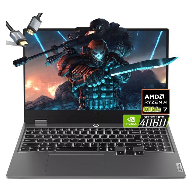 lenovo loq 15 gaming laptop - rtx 4060 - amd ryzen 7 8845hs beat i9-13900h - pantalla fhd de 15.6" 144hz - 32gb ram - 2tb pcie ssd - teclado retroiluminado - windows 11 - g-sync - creador de videojue laptop gris abierta, vista frontal con pantalla FHD de 15.6" mostrando escena de videojuego, teclado chiclet retroiluminado RGB y touchpad centrado; stickers de AMD Ryzen 7 y GeForce RTX 4060 en el área del teclado, bisel estrecho y acabado metálico gris; apta para gaming y creación de contenido y conveniente para multitarea y movilidad.