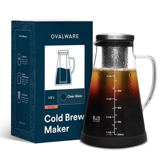 Ovalware Jarra hermética para cafetera helada e infusor de té con boquilla, jarra de vidrio RJ3 de 1,0 l/34 oz con filtro de acero inoxidable extraíble