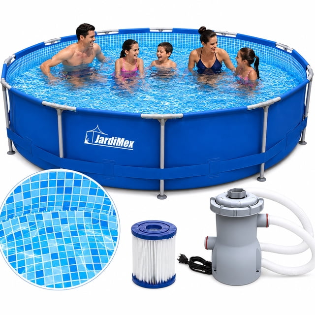 alberca redonda mosaico jardimex 304cm diametro 76cm altura + bomba alberca redonda azul Jardimex, vista 3/4 frontal con estructura tubular de acero y revestimiento interior con patrón mosaico azul; incluye cartucho de filtro y bomba de recirculación externa con mangueras y boquilla de 16–19 mm; capacidad 4,383 L, apta para patios o terrazas y a menudo usada también para riego de jardines conectando la manguera al adaptador.