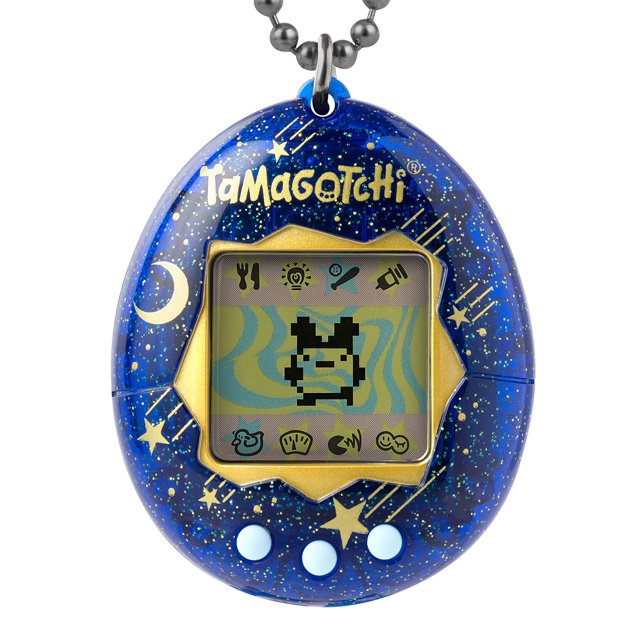 tamagotchi digital original starry shower con juego de números Vista frontal centrada de un Tamagotchi Digital Original Starry Shower, carcasa azul con motas doradas y marco dorado; pantalla LCD pixelada muestra un personaje de la generación 2 y los iconos de comida, luz, juego, medicina y baño; tres botones azul claro, cadena metálica y batería CR2032 incluida; incluye minijuego de números.