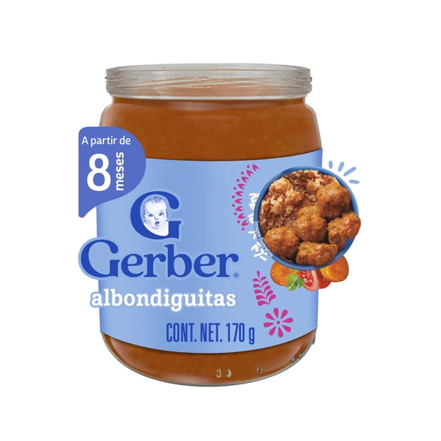 papilla para bebé gerber sabor albóndigas frasco 170 g papilla infantil etapa 3 (8+ meses) frasco frontal con puré rojo-anaranjado visible, etiqueta azul con logo Gerber y texto 'albondiguitas', medallón con foto de albóndigas y tomate y leyenda 'Cont. Net. 170 g'.