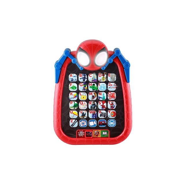 kids tablet ekids spidey y sus increíbles amigos preescolar tableta infantil roja tipo mascarilla de Spidey con 30 botones iluminados en tablero alfabético, iconos de letras y dibujos, bordes con relieve de tela arácnida y dos brazos azules articulados; juguete educativo portátil con efectos de voz y sonidos integrados, indicado para preescolar.