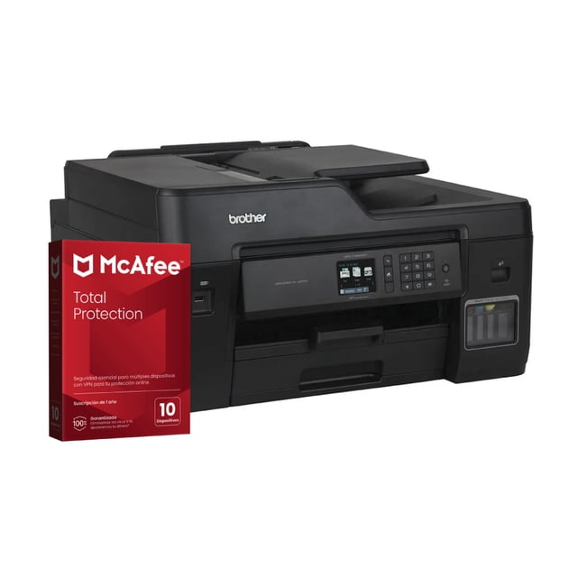 kit multifuncional brother t4500dw wifi + antivirus mcafee impresora Brother MFC-T4500DW negra, vista frontal en 3/4 con pantalla táctil color de 2.7" y panel numérico central, depósito de tanque de tinta visible a la derecha y bandejas cerradas; caja de McAfee Total Protection delante que indica licencia para 10 dispositivos por 12 meses; diseñada para impresión A3, dúplex automático y escaneo en la nube, y a menudo usada también para imprimir pruebas de folletos tamaño A3.