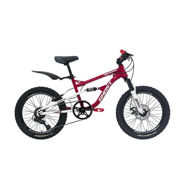 bicicleta ghost revenge rodada 20 rojo doble suspensión rodado 20 con cuadro y tijera en acero Beta High Performance, suspensión trasera y horquilla delantera visibles, frenos V Brake, transmisión indexada de 7 velocidades con palancas gatillo, llantas MTB R20x2.35 y rines de aluminio doble pared, asiento MTB y guardabarros trasero; adecuada como bicicleta infantil/juvenil para recreación ligera.