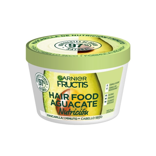 mascarilla para cabello garnier fructis hair food aguacate cabello seco 350 ml envase plástico redondo visto frontal, etiqueta con ilustración de medio aguacate, logo Garnier Fructis, texto 'Hair Food Aguacate Nutrición' y medida 350 ml; tapa verde claro con sello '97% ingredientes de origen natural'.