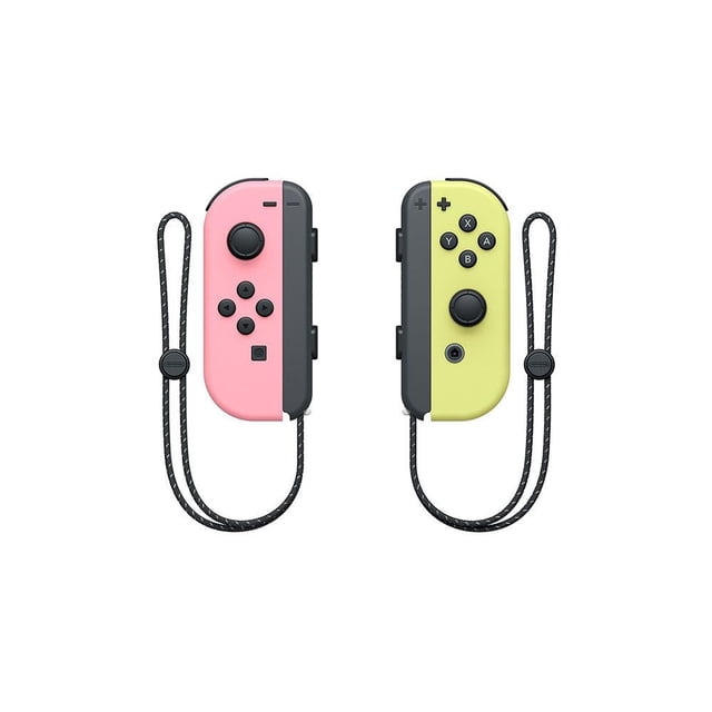 control nintendo switch joy con colores pastel rosa amarillo Par de Joy‑Con frontal: izquierdo rosa pastel y derecho amarillo pastel con correas negras; botones, palancas analógicas, gatillos y hombros texturizados, empuñaduras antideslizantes y vibración HD según especificaciones; fondo blanco, ideal para juego portátil o compartir con un amigo.