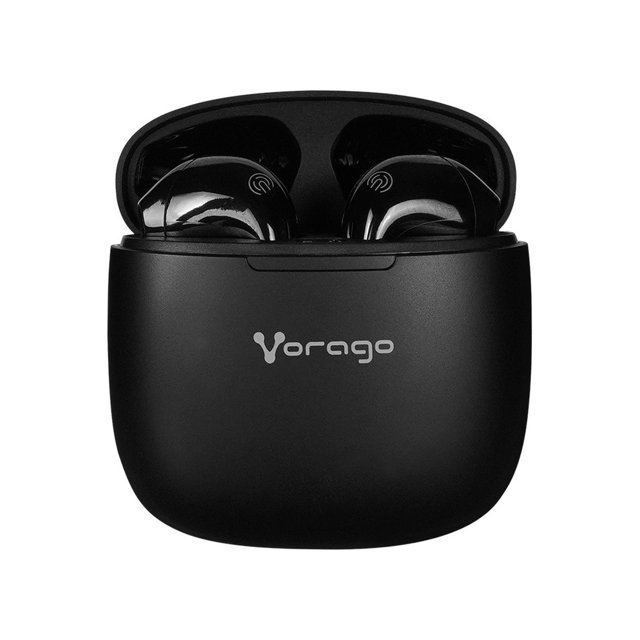 audifonos vorago esb-305 (esb-305) Audífonos TWS Bluetooth negros en estuche de carga abierto, vista frontal con dos buds brillantes y logotipo Vorago en la tapa mate; controles táctiles visibles, rango 20–20000 Hz para llamadas y música, también suelen usarse para deporte ligero por su ajuste compacto.