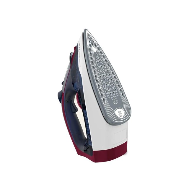 plancha de vapor t-fal función de autolimpieza color azul, 3/4 frontal con suela de cerámica True Ceramic Glide y orificios de vapor, punta de precisión visible, cuerpo azul y blanco con base roja y depósito translúcido; sistema antigoteo y controles en el mango, ideal para planchado rápido y retoques domésticos.