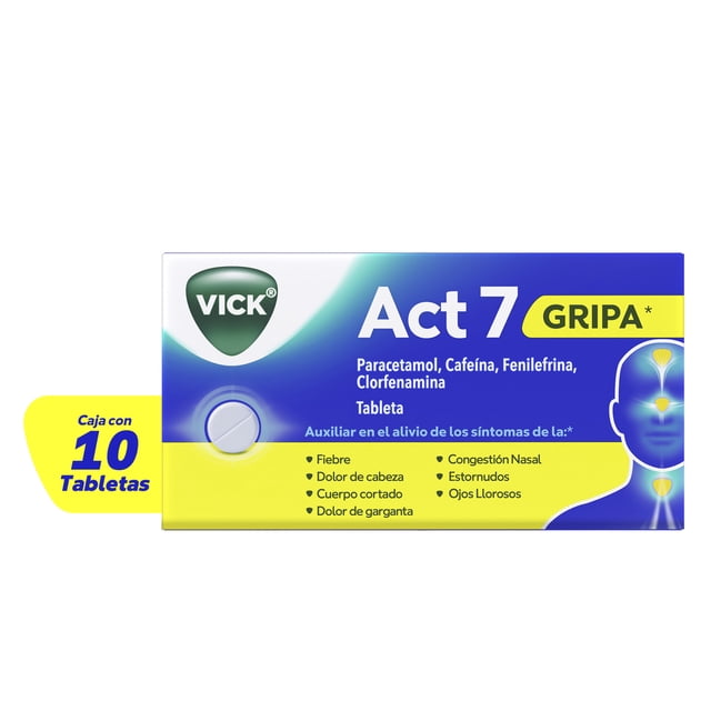 Vick Act7 en tabletas para el alivio de 7 síntomas de la gripa 10 tabletas