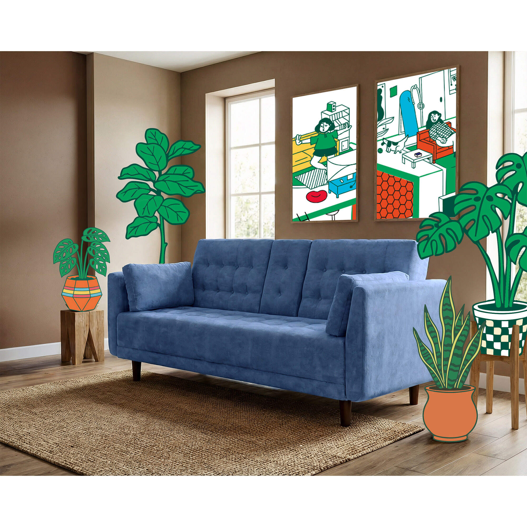 Sofá Cama de Velvet Azul Makora Modelo Zeppelin Con Portavasos
