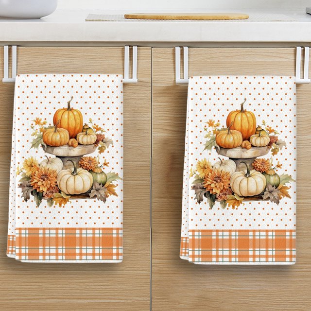 Oioii Stripes Dot Pumpkin Fall Kitchen Towels Dish Towels, 18x26 Inch Farmhouse Maple Leaves Autumn Decoration Hand Towels(15.8x23.6in)