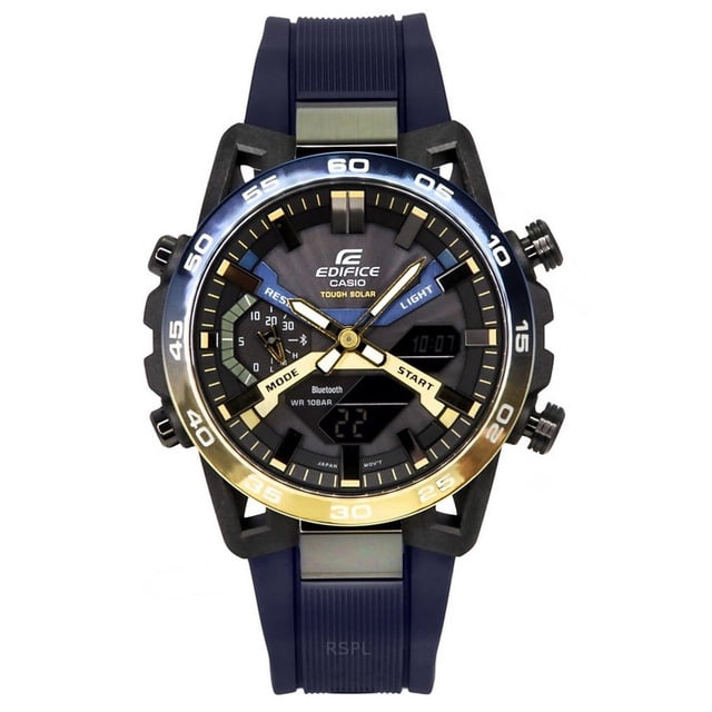 casio edifice sospensione nighttime drive analog digital smartphone link tough solar ecb-2000np-1a 100m men's watch Vista frontal del reloj para hombre Casio Edifice ECB-2000NP-1A con caja de composite de carbono y correa de resina azul; esfera negra con manecillas luminosas analógicas, pequeñas pantallas digitales y bisel ionizado bicolor azul y dorado con marcadores de minutos. Tres pulsadores laterales visibles y texto en la carátula que indica Tough Solar y Bluetooth; funciones en la ficha: enlace con smartphone, ~300 ciudades de hora mundial, cronómetro 1/100 s, temporizador, buscador de teléfono y 5 alarmas.