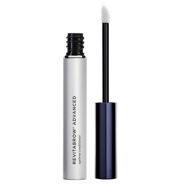 acondicionador de cejas revitalash cosmetics revitabrow advanced 3.0 ml tubo plateado abierto con aplicador-esponja y tapa azul oscuro en vista frontal, suero para cejas en envase tubular 0.1 fl oz (3.0 ml); a menudo usado para definir y peinar cejas durante la rutina de belleza.