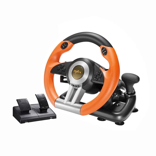 volante de carreras pxn v3ii 180° usb universal para pc/ps3/ps4/xbox/switch Volante PXN V3II naranja y negro, vista 3/4 frontal con base en C; rueda de 10.24 pulgadas con agarre de goma texturizado, 180° de giro, D-Pad y 12 botones, paletas de cambio, doble motor de vibración, pedales plegables separados para gas y freno, base con ventosas y cable USB largo; a menudo se emplea en simuladores de conducción en escritorios.